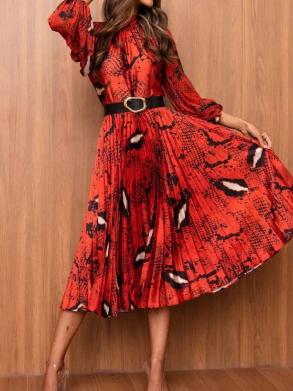 High neck balloon Sleeve Pleated Midi Dress